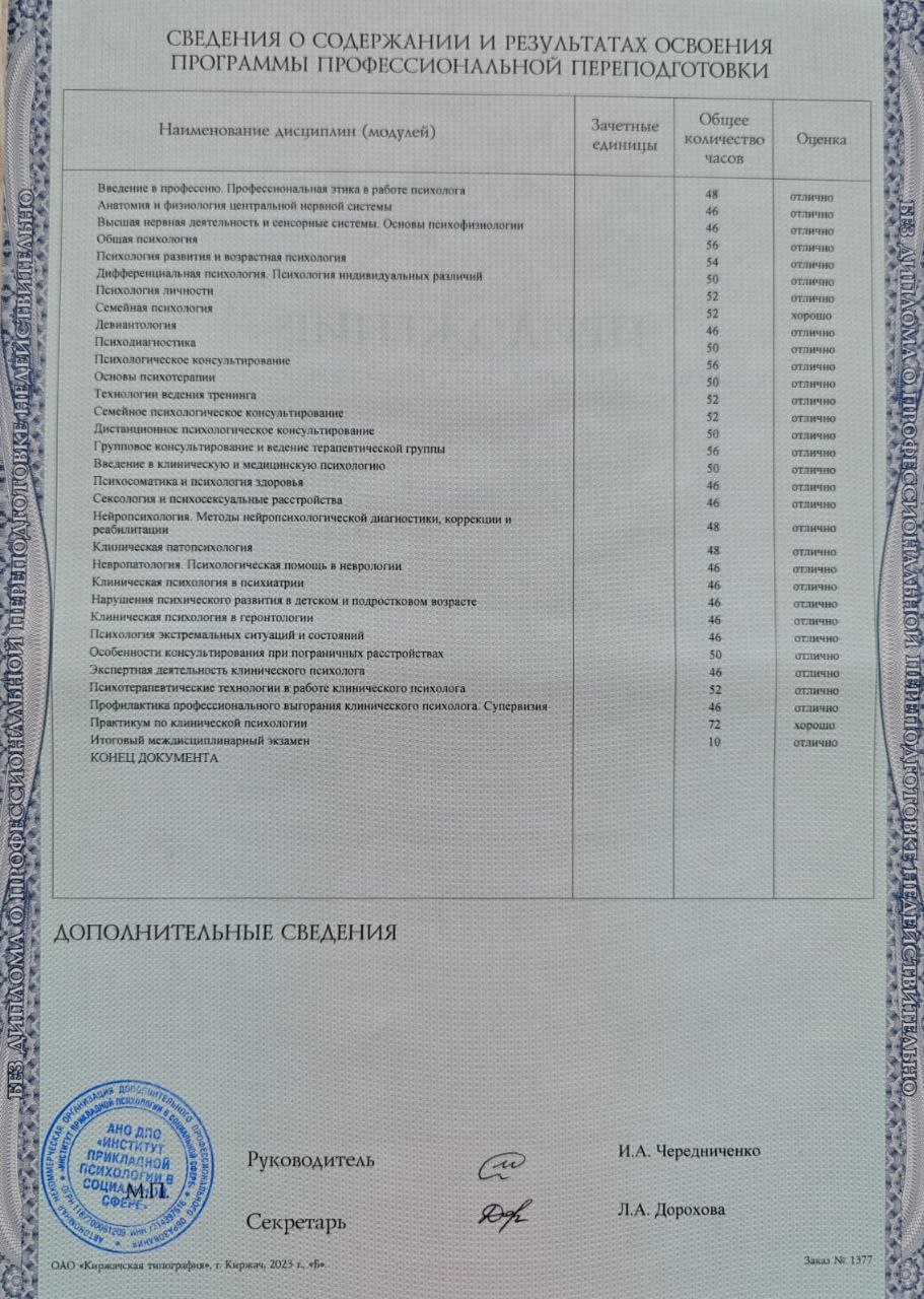 Приложение к диплому клинического психолога